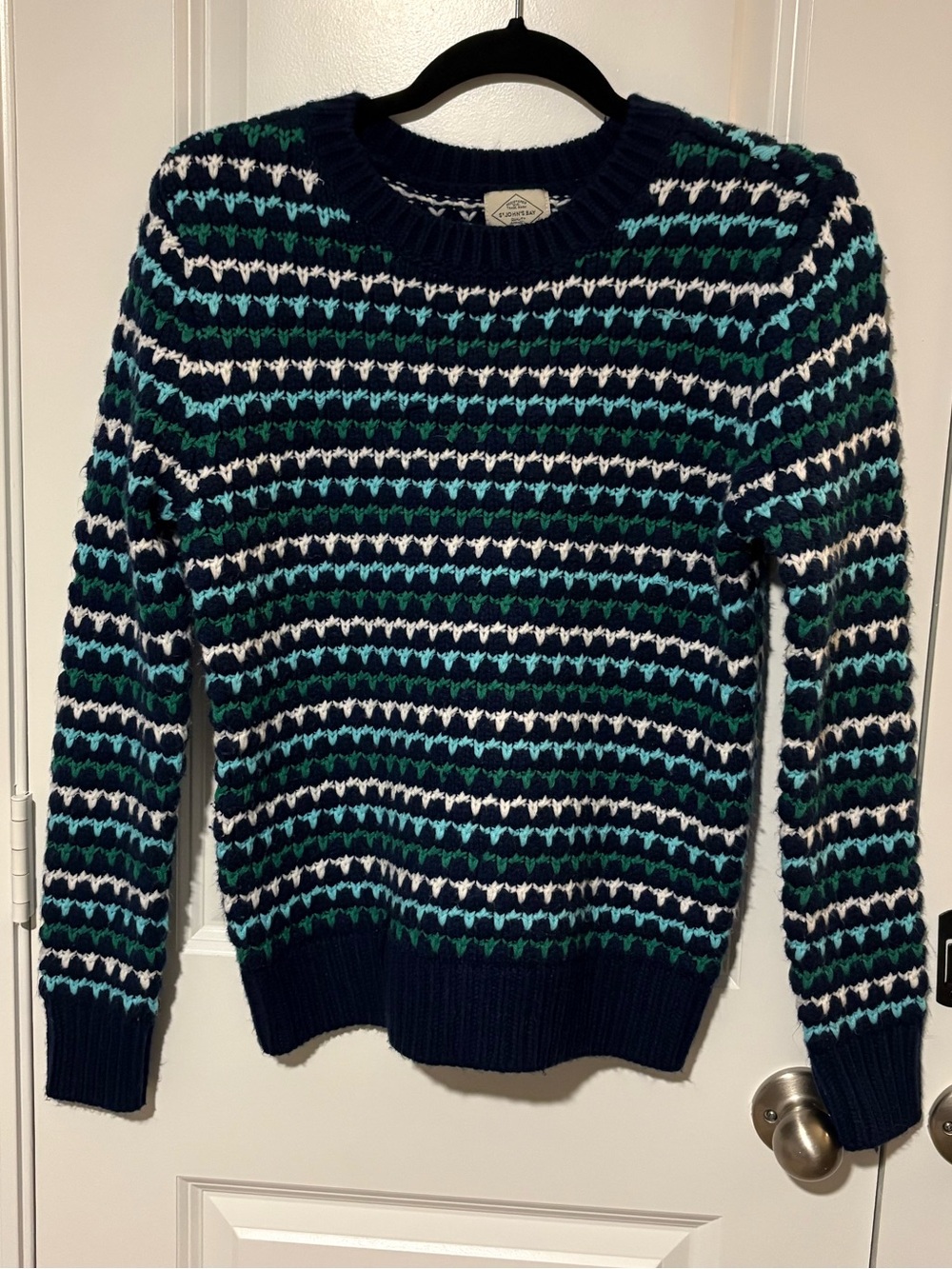 St. John’s Bay Navy Teal Green White Textured Knit Sweater Size Medium